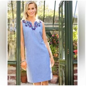 Talbots Embroidered Butterfly Linen Shift Dress Blue Womens size 4P